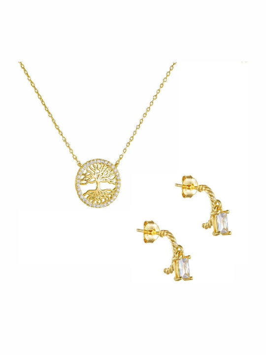 Sterling Silver 925 Gold Plated Set with Tree of Life Necklace with White Zircon Stones Perimeter & Earrings SET-22084Y