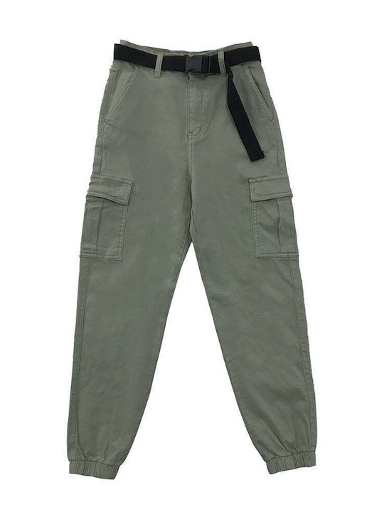 Ustyle Women's High-waisted Cotton Cargo Trousers with Elastic Khaki