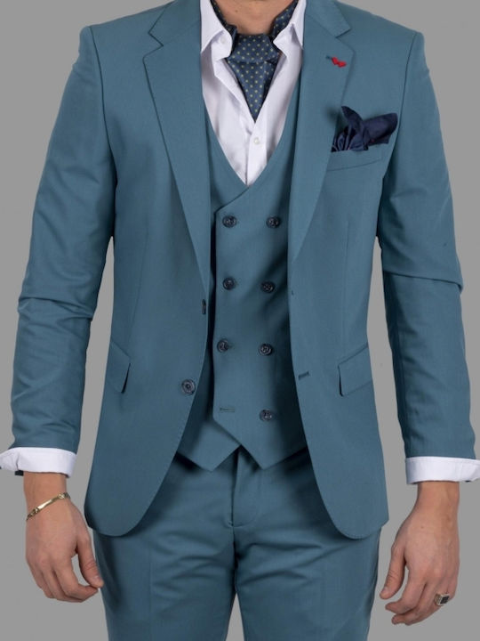 Dezign Ανδρικό Κοστούμι Με Γιλέκο με Στενή Εφαρμογή Μπλε