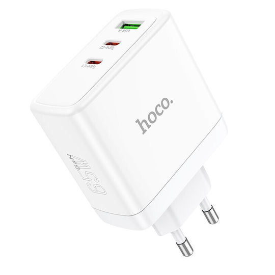 Hoco Φορτιστής Χωρίς Καλώδιο GaN με Θύρα USB-A και 2 Θύρες USB-C 65W Power Delivery / Quick Charge 3.0 Λευκός (N30 Glory)