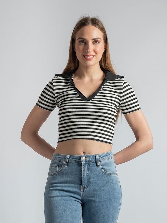 InShoes Women's Summer Crop Top Short Sleeve Striped Black