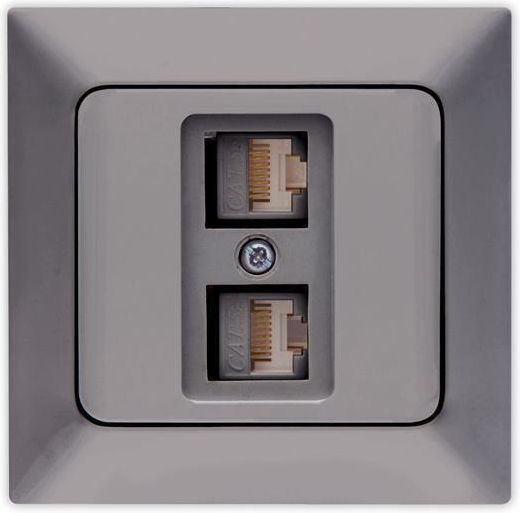 Eurolamp Διπλή Πρίζα Δικτύου RJ45 με Πλαίσιο Τύπου Cat6 σε Γκρι Χρώμα 152-20153