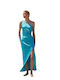 Desiree Summer Maxi Evening Dress Satin with Slit Turquoise