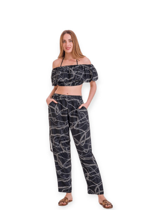 Pantaloni de vară cu elastic la spate art silk cu top 4329 NEGRU