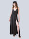 Summer Maxi Evening Dress with Drape Black