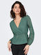 Only Women's Blouse Cotton Long Sleeve with V Neckline Green