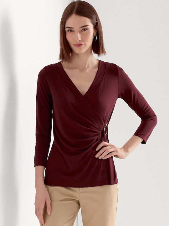 Women's Blouse Long Sleeve with V Neckline Burgundy