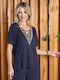 Women's Summer Blouse Short Sleeve with V Neckline Navy Blue