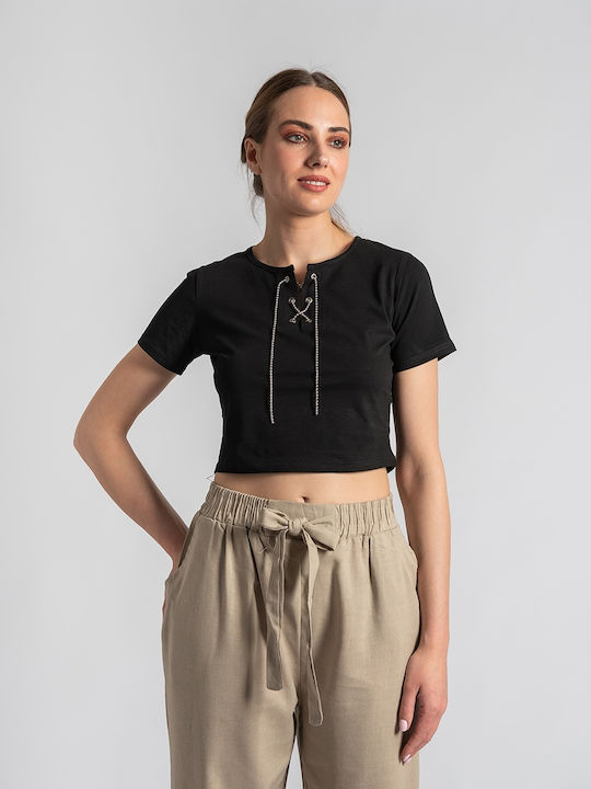 InShoes Women's Summer Crop Top Cotton Short Sleeve Black