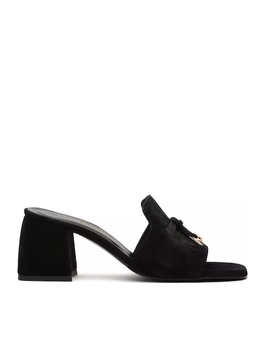A303 Leather Mules with Chunky Low Heel in Black Color