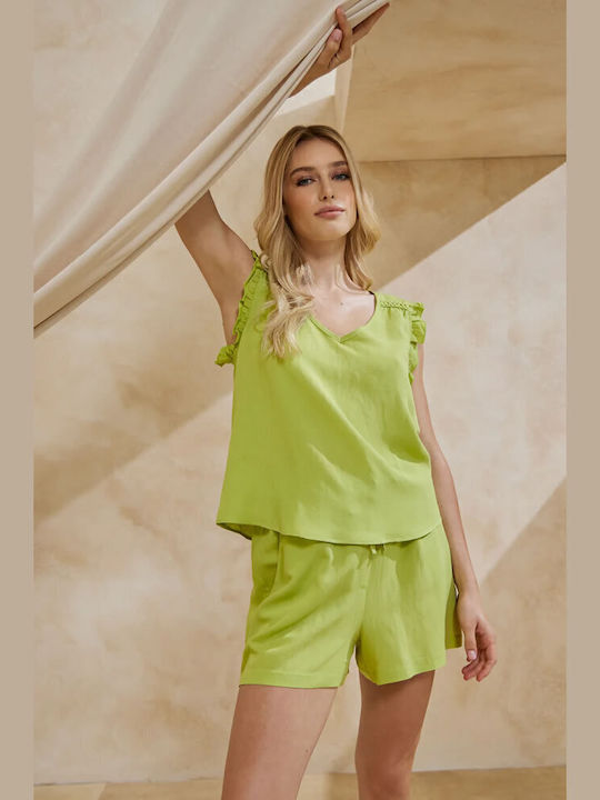 Nan Damen Sommer Bluse Leinen Ärmellos mit V-Ausschnitt Lime