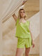 Nan Damen Sommer Bluse Leinen Ärmellos mit V-Ausschnitt Lime
