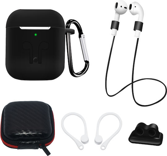 Hurtel Комплект силиконов калъф и поставка с кука в черен цвят за Apple AirPods 1/2