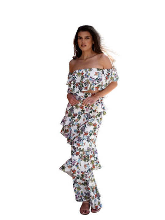 Κοντομάνικη Γυναικεία Μπλούζα Off-Shoulder Floral Πολύχρωμη