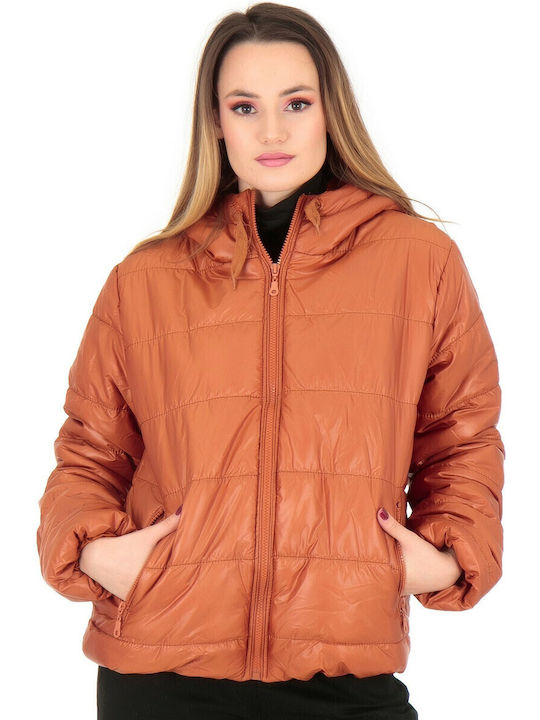 Women's Short Puffer Jacket Waterproof for Winter Orange