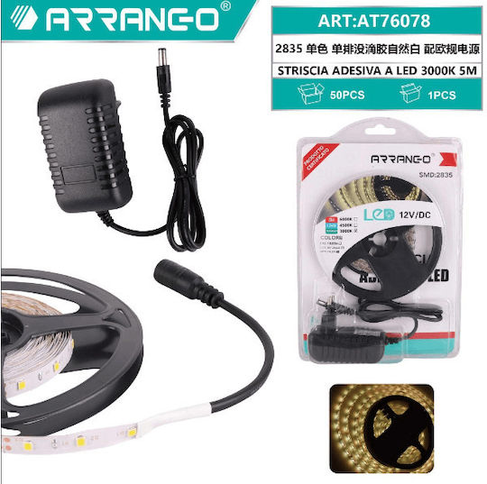 Arrango Waterproof LED Strip 12V Warm White Light 5m Type SMD2835 with Power Supply