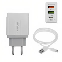 Treqa Φορτιστής με 2 Θύρες USB-A και Θύρα USB-C και Καλώδιο micro USB 38W Power Delivery / Quick Charge 3.0 Λευκός