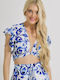 Ble Resort Collection pentru Femei de Vară Crop Top cu Mâneci Scurte Albastru