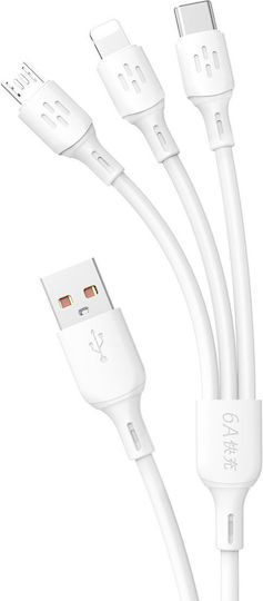 Dudao L8A Reguläres USB-zu-Blitzschlag / Typ-C / Micro-USB Kabel 6A Weiß 1,2m 304004-148692