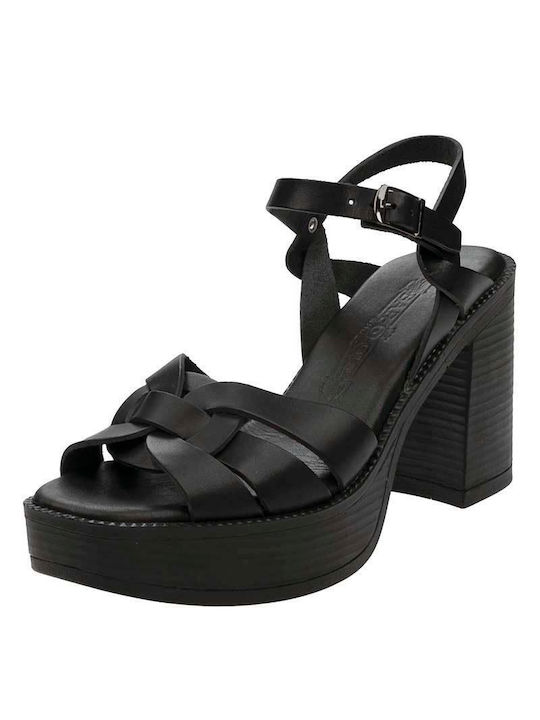 Baroque Platform Leather Women's Sandals Black with Chunky High Heel