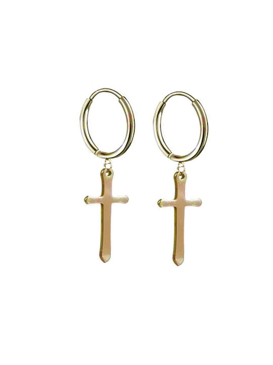 Steel Hoop Earrings with Gold Cross