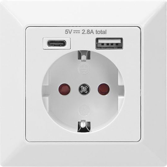 Redled Μονή Χωνευτή Πρίζα Ρεύματος με 2 Θύρες USB Λευκή