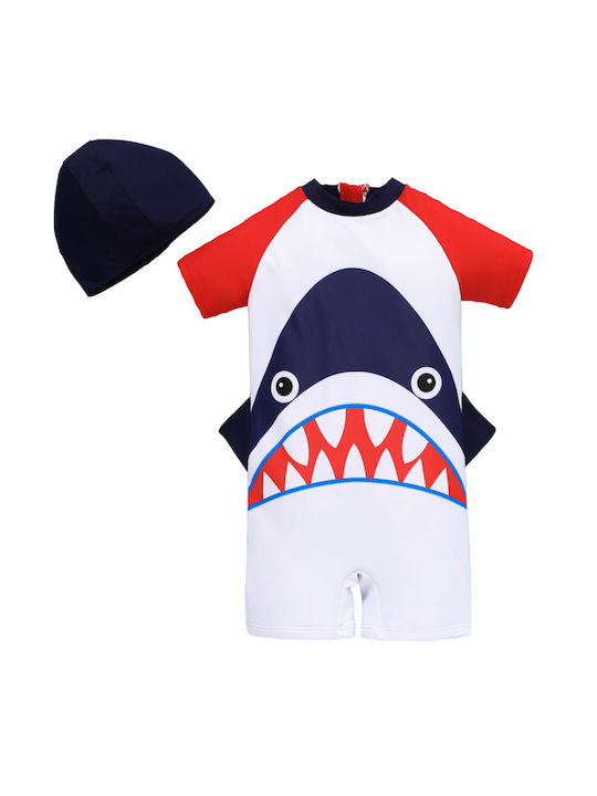 Children's One Piece Swimsuit "Skark" With Cap White/Blue