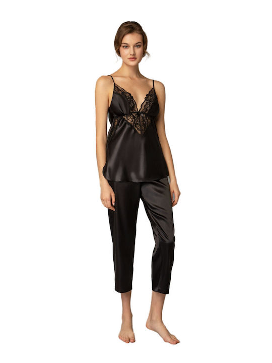 Milena by Paris Damen Pyjama-Set Satin Schwarz 9149