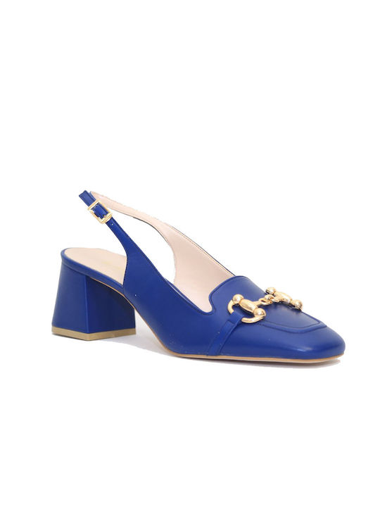 Fardoulis Leather Blue Matt Medium Heels with Strap