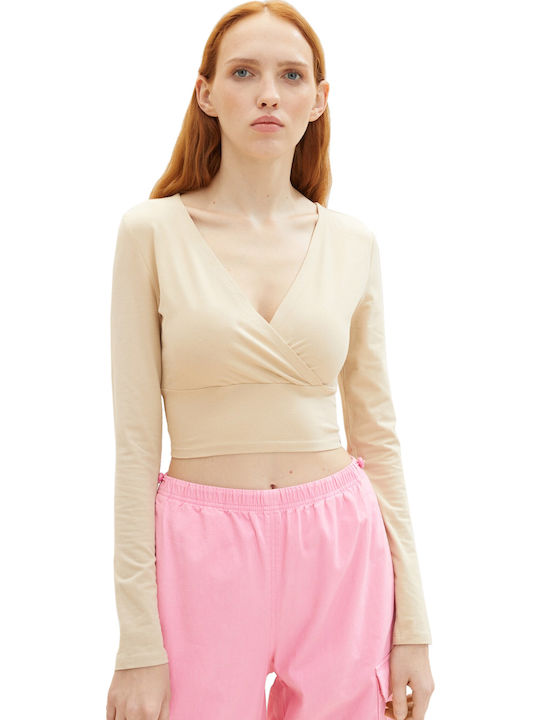 Damen Crop Top Langarm Beige