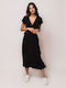 Heavy Tools Summer Midi Dress Wrap with Ruffle Black