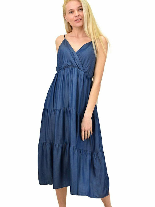 Potre Καλοκαιρινό Midi Φόρεμα Κρουαζέ με Βολάν Navy Μπλε