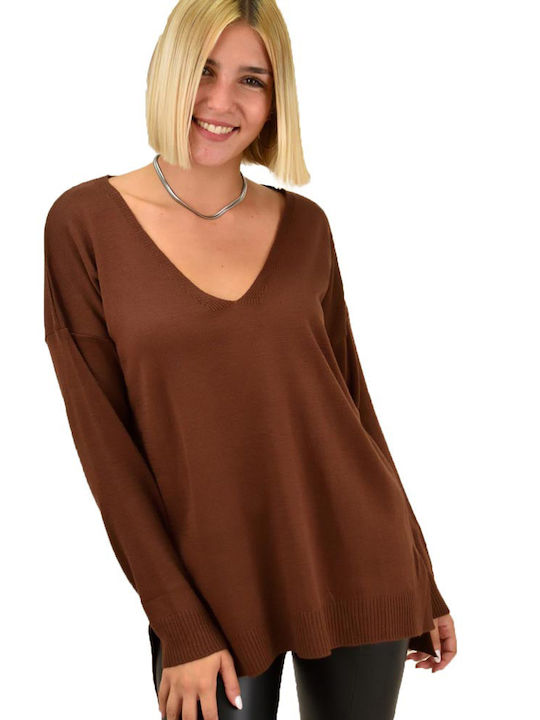 Potre Women's Long Sleeve Sweater with V Neckline Brown