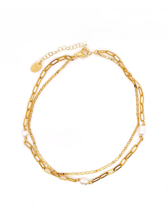 LifeLikes Bracelet Anklet Chain made of Steel Gold Plated with Pearls