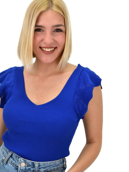 Potre Women's Summer Blouse Short Sleeve with V Neck Blue