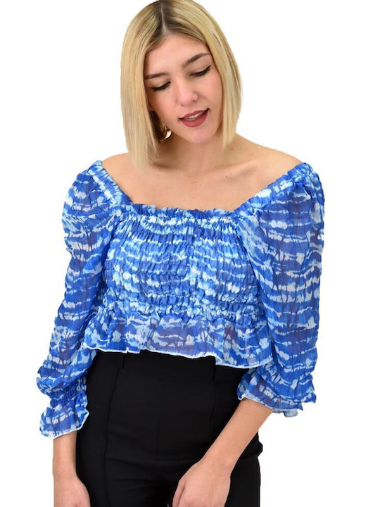 Γυναικεία Μπλούζα Off-Shoulder με Μανίκι 3/4 Καλοκαιρινή Μπλε