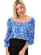 Γυναικεία Μπλούζα Off-Shoulder με Μανίκι 3/4 Καλοκαιρινή Μπλε