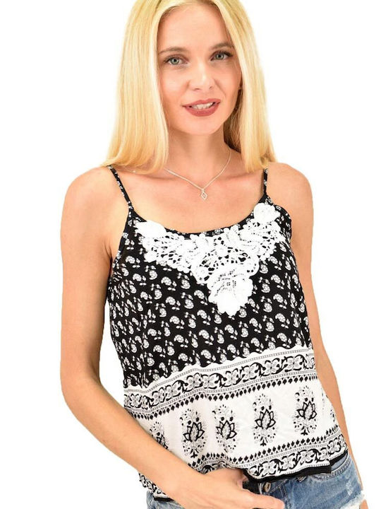 Potre Damen Sommer Bluse Baumwolle mit Trägern Schwarz