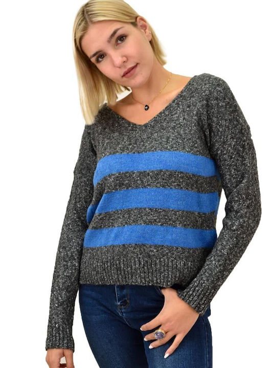 Potre Damen Langarm Pullover mit V-Ausschnitt Gestreift Gray