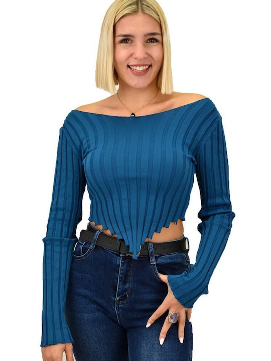 Potre Women's Crop Top Long Sleeve with Boat Neckline Blue