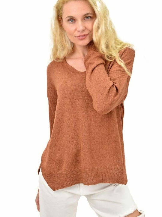 Potre Women's Blouse Cotton Long Sleeve with V Neckline Brown