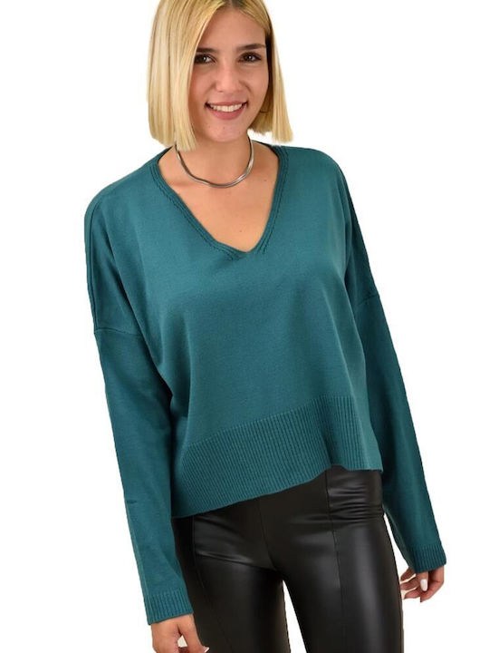 Potre Damen Langarm Pullover mit V-Ausschnitt Blau