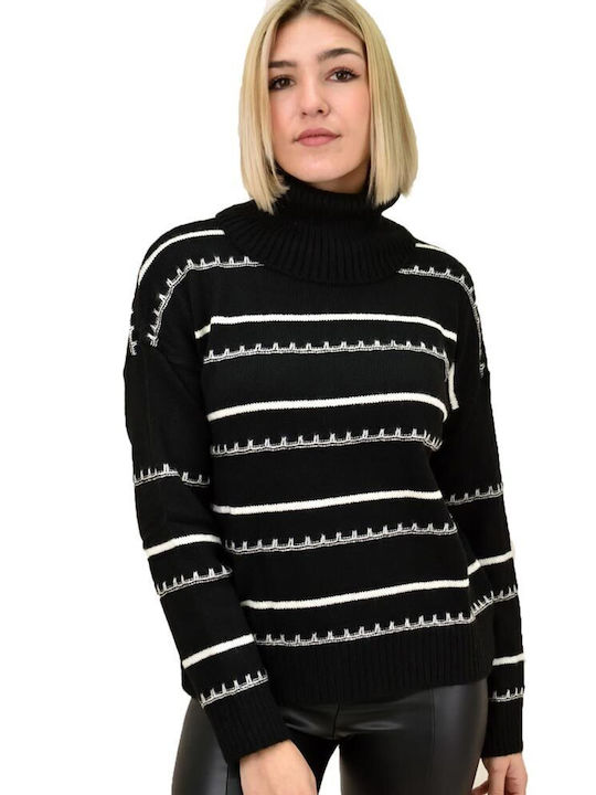 Potre Women's Long Sleeve Sweater Turtleneck Striped Black