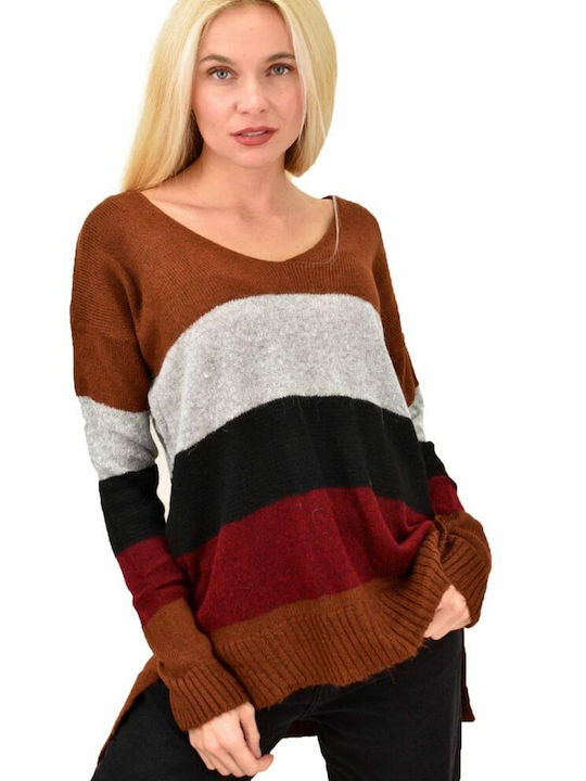 Potre Women's Long Sleeve Sweater Woolen with V Neckline Striped Gray