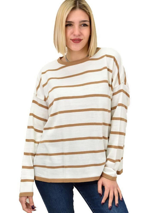 Potre Women's Long Sleeve Pullover Striped Beige