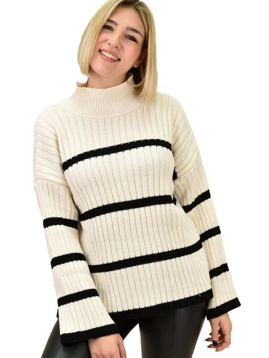 Potre Women's Long Sleeve Sweater Turtleneck Striped Beige