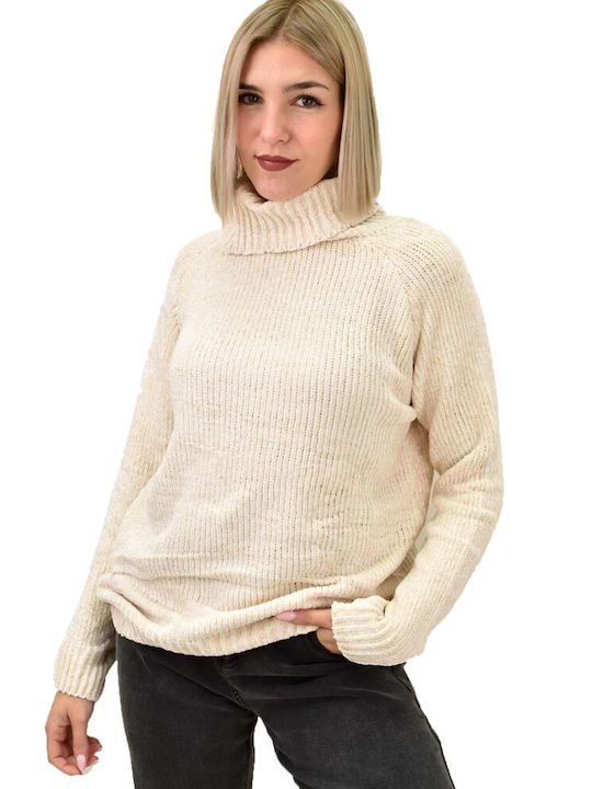 Potre Women's Long Sleeve Pullover Turtleneck Beige