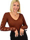 Potre Women's Blouse Long Sleeve with V Neckline Brown