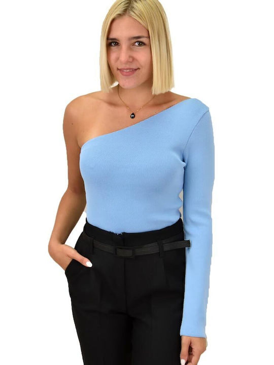 Potre Damen Bluse mit einem Schulter Hellblau