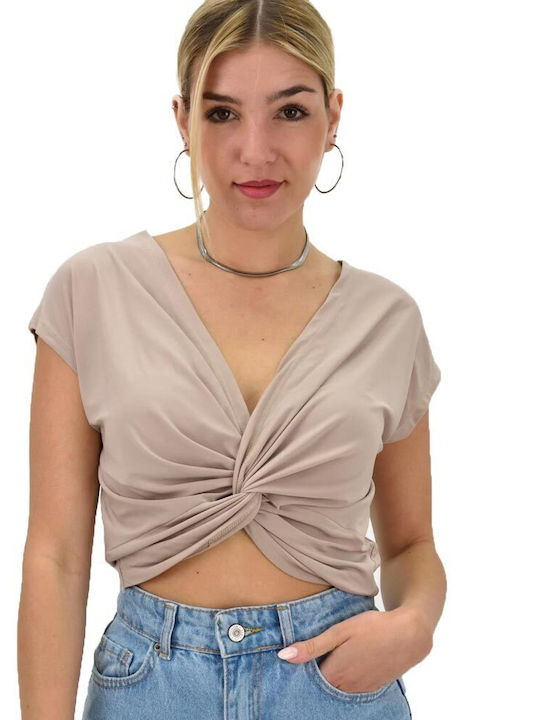 Potre Damen Sommer Crop Top Kurzarm mit V-Ausschnitt Beige